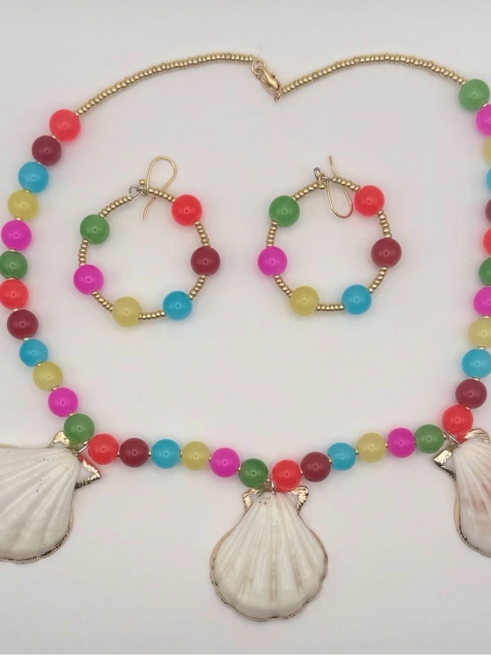 Colorful Beaded Shell Pendant Necklace with Matching Hoop Earrings
